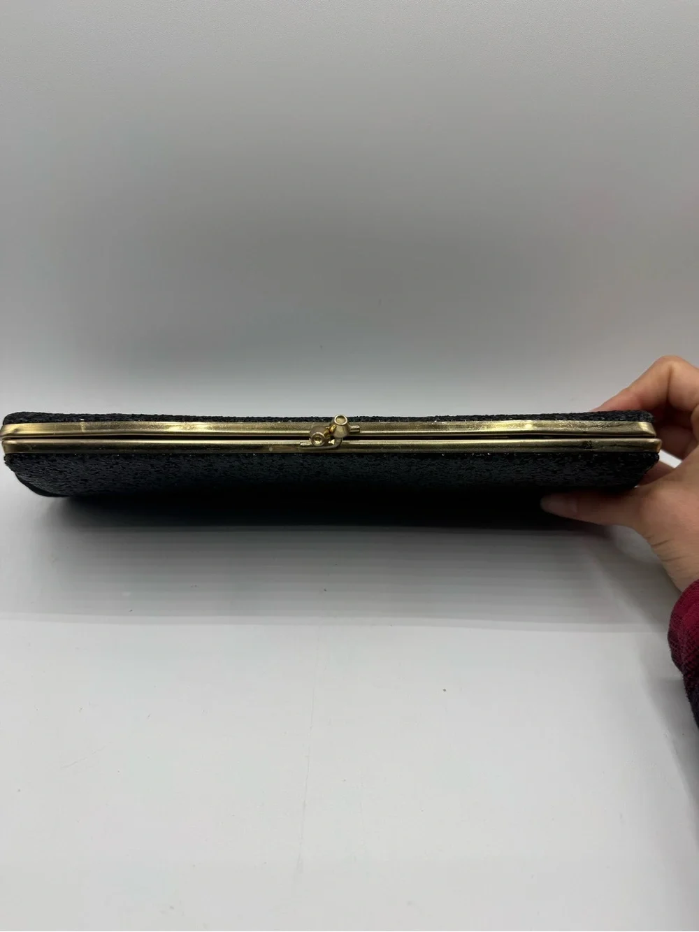 Vintage Black Sparkling Clutch Bag With Brass Trim